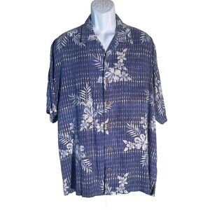TOMMY BAMAHA Men's Short Sleeve Button Down Floral Silk Shirt Blue XL